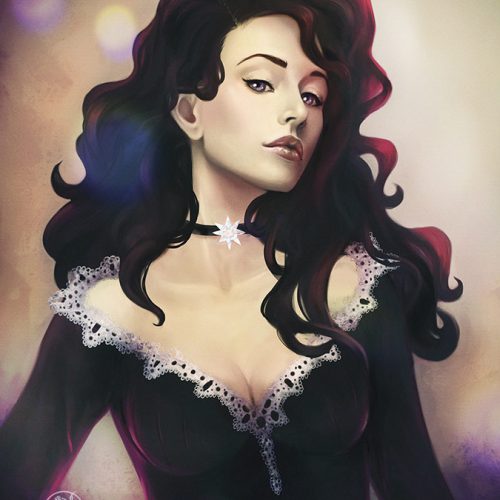 portfolio, yennefer, witcher, portrait, black hair, black curls, digital painting, character portrait, fantasy, sorceress, mage, sexy woman,