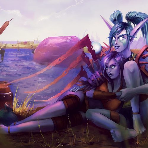 portfolio, wallpaper, night elves, void elves, couple, romantic, portrait, couple, female character, wow, world of warcraft, mmo, rpg, character portrait, group portrait, hand painted, digital drawing