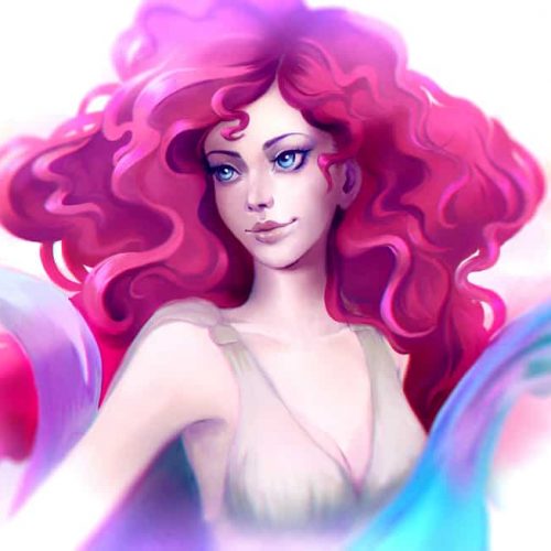 cute, pink hair, woman, happy portrait, disney, digital painting, sketch, speedpainting,
