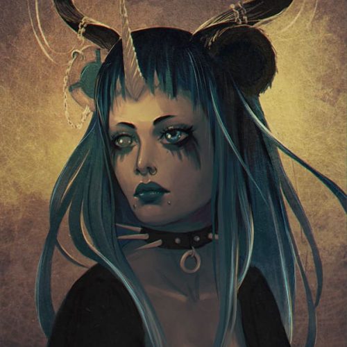 hard core, fantasy character, portrait, sketch, speed painting, girl, long hair, blue hair, horns, young woman, fantasy portrait, chimera, hybrid, charater sketch