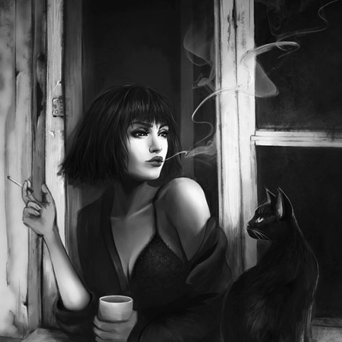 morning, messy hair, cigarette, coffee, black cat, short hair, lingerie, sexy look, old window, sunrise, balck and white, grayscale monochrome portrait, woman, digital painting, drawing commission, portfolio